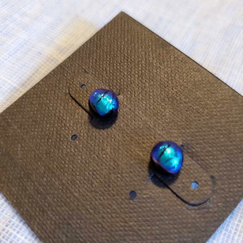 Iridescent Blue Black Dichroic Glass Stud Earrings
